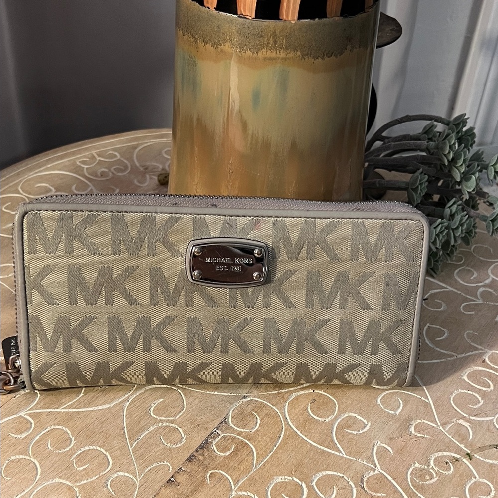 Michael Kors Beige Monogram Zip Wristlet